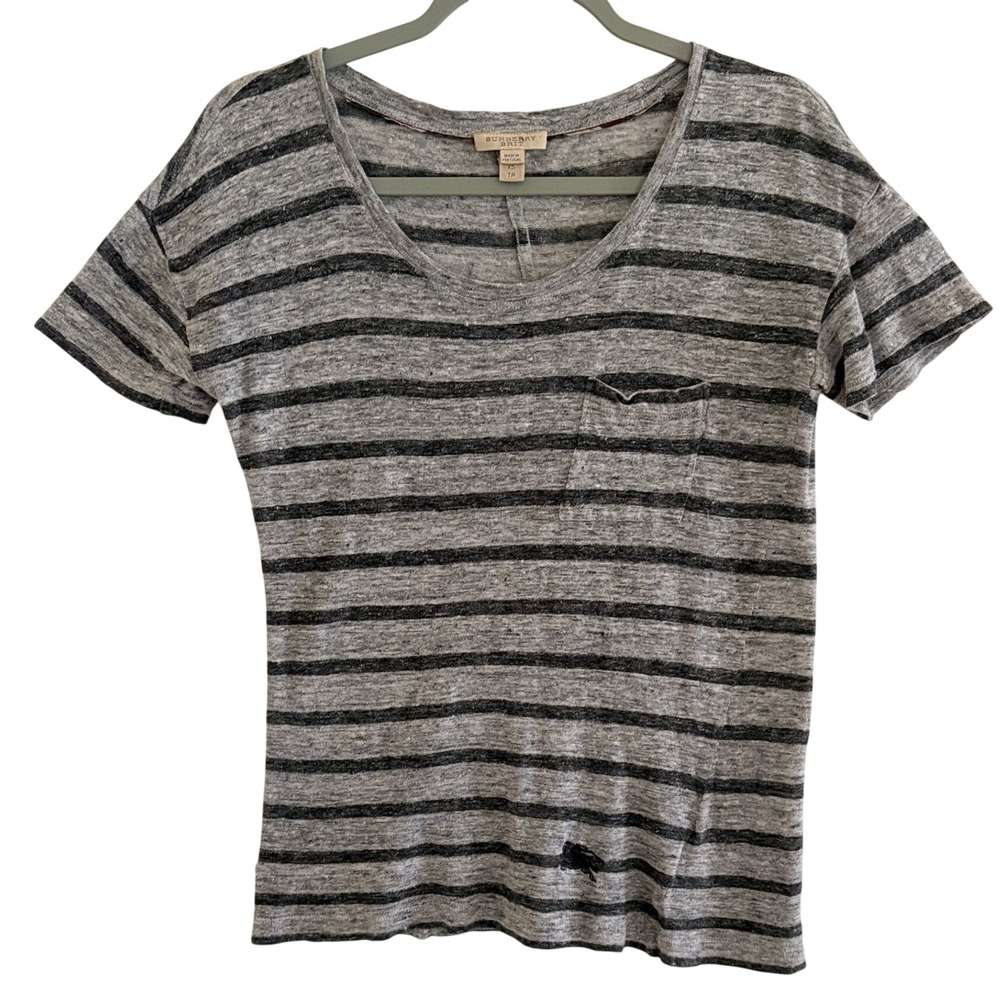 Burberry Brit Grey Striped 100% Linen Pocket Tee XS Logo Short Sleeve Top
